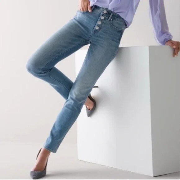 WHBM The Sculpt High Rise Straight Leg Jeans | Rhinestone Button | Size 4 - Picture 3 of 9
